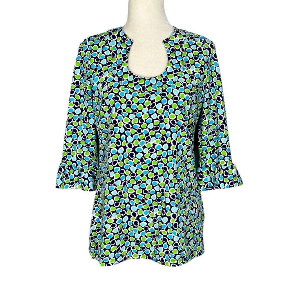 Katherine Way Womens Green Blue Graphic Print Bell Sleeve Top size XS